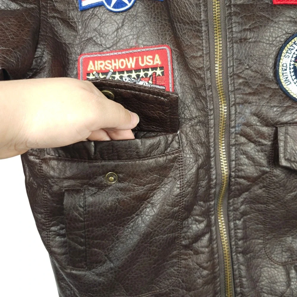 Da Fei Li Boys Bomber Jacket Size 10 Flight Aviator Faux Leather Patches Coat